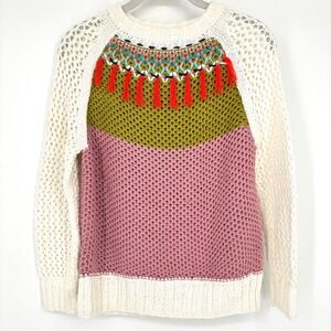 Smythe x Augden Color Block Open Knit Tassel Boho Sweater White Pink Olive Green